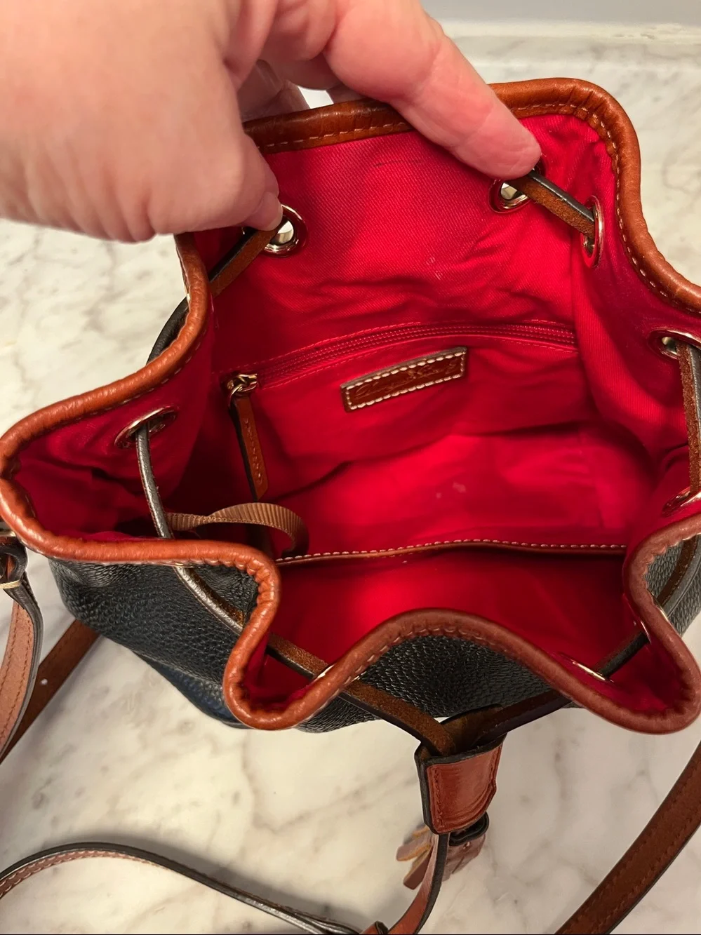 Dooney & Bourke Black Pebbled Leather Drawstring Crossbody with Brown Trim - Picture 3 of 3